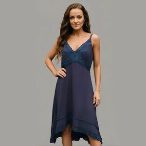 Dress – Miss Me – Navy Blue – Lace Trim Rayon Adjustable Strap Asymmetrical Hem